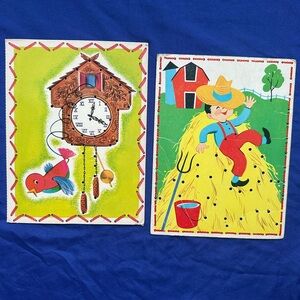 Vintage lacing sewing cards art prints Cuckoo Clock and Farm Scene
